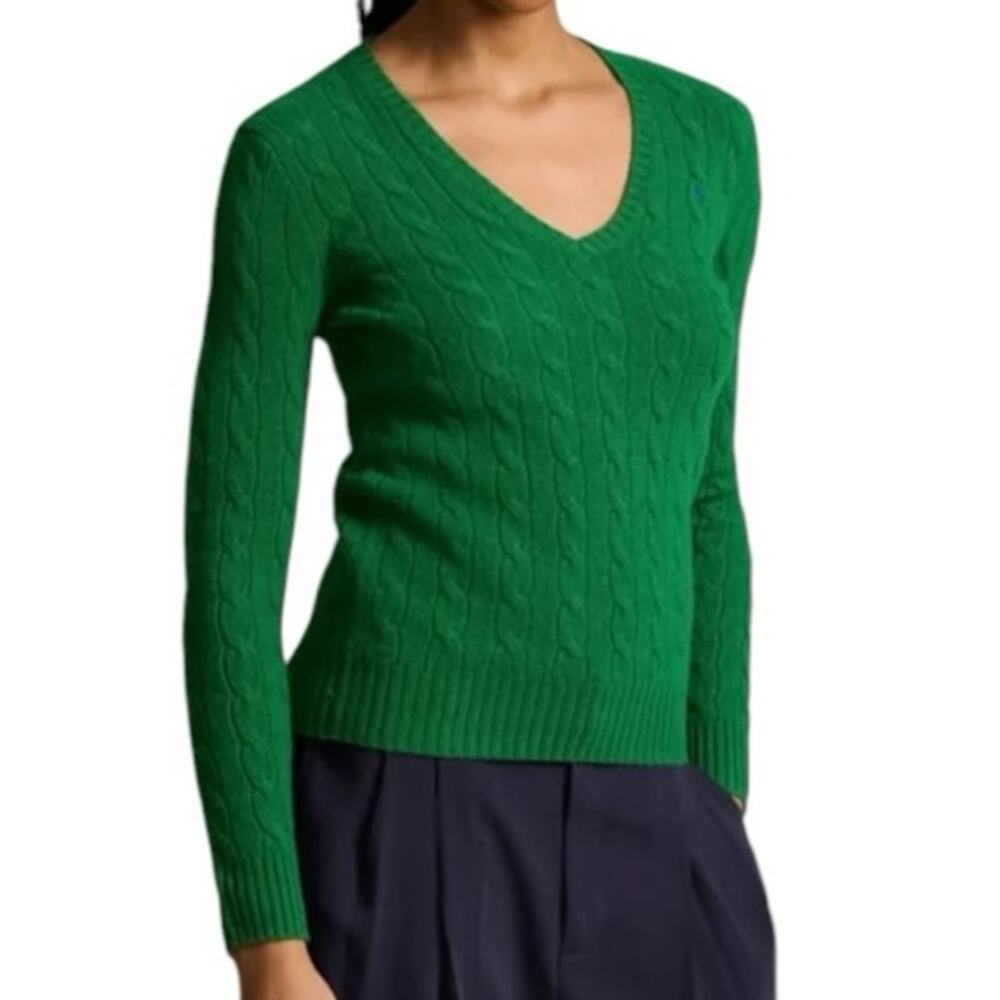 Vintage American Eagle Kelly Green Cable Knit V Neck Sweater Large Y2K